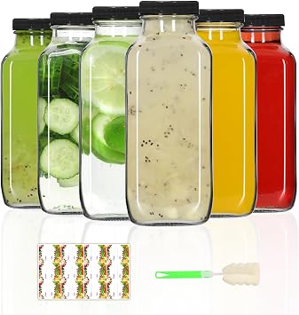 AuroTrends 12 oz Glass Bottles with Lids 6Pack, 360ml Glass Bottles for Juicing, Water, Kombucha - Portable Juicing Bottles Reusable for Juice/Coffee/Milk/Kombucha Storage