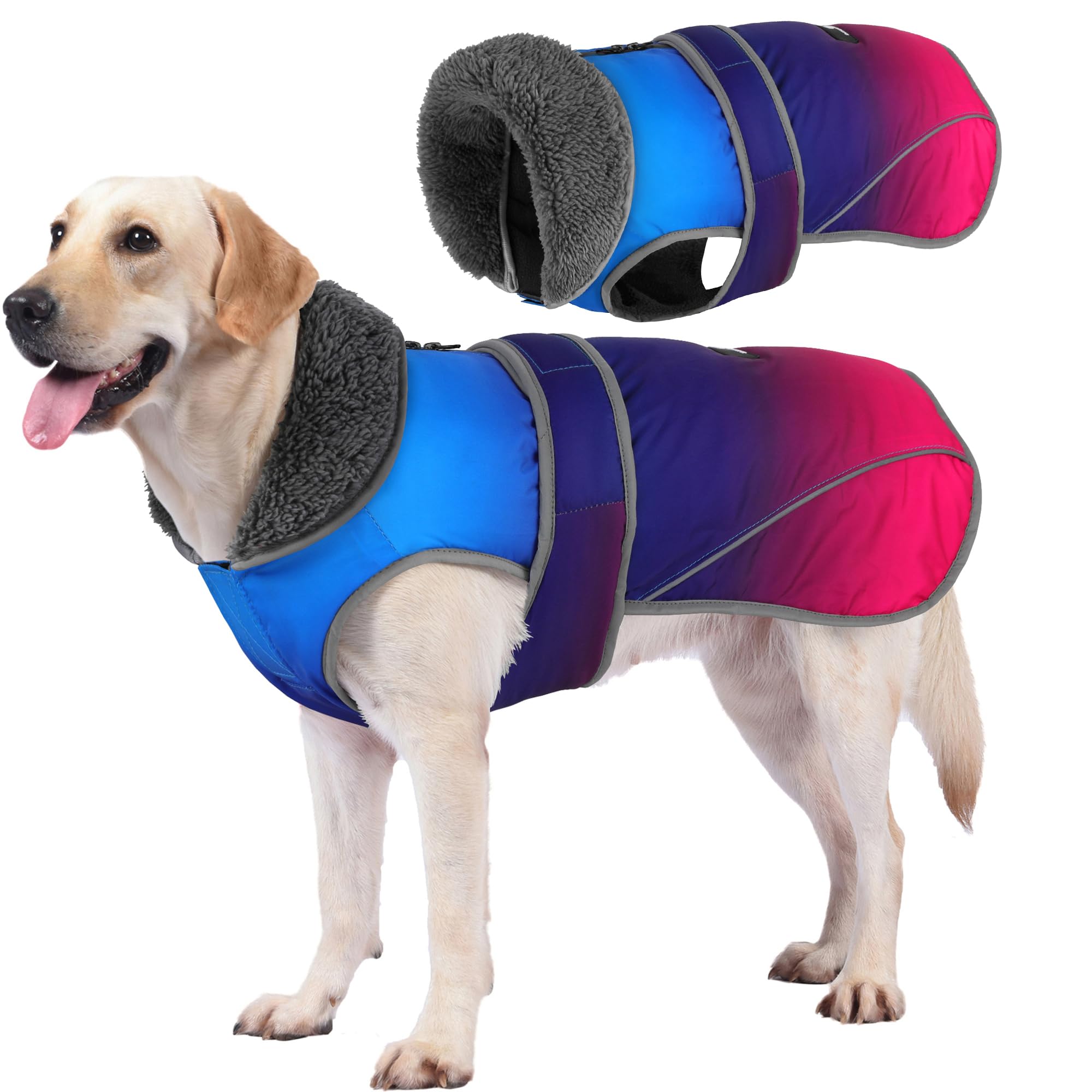 Dogcheer Dog Coat, Waterproof Dog Jacket Reflective Pet Winter Coat with Adjustable Hook & Loop, Christmas Puppy Fleece Jacket Warm Snowsuit for Small Medium Large Dogs - Gradient Blue-red, 3XL