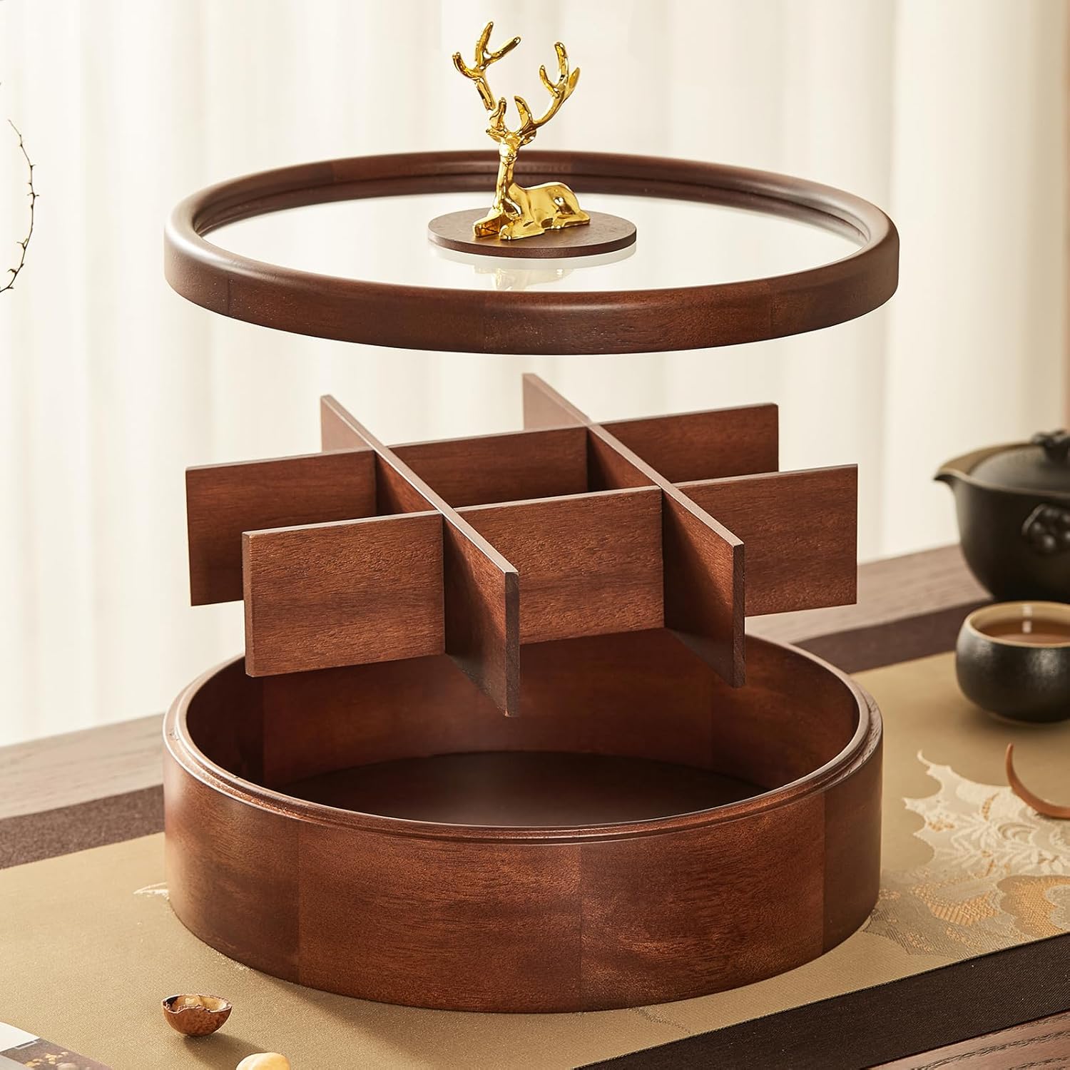 12" Wooden Serving Tray with Lid, 360° Rotating Snack Try, 9 Compartments, Platter Organizer for Snacks, Candy, Nuts, Chips, Tray for Party, Family Dinner and Holidays - Image 6