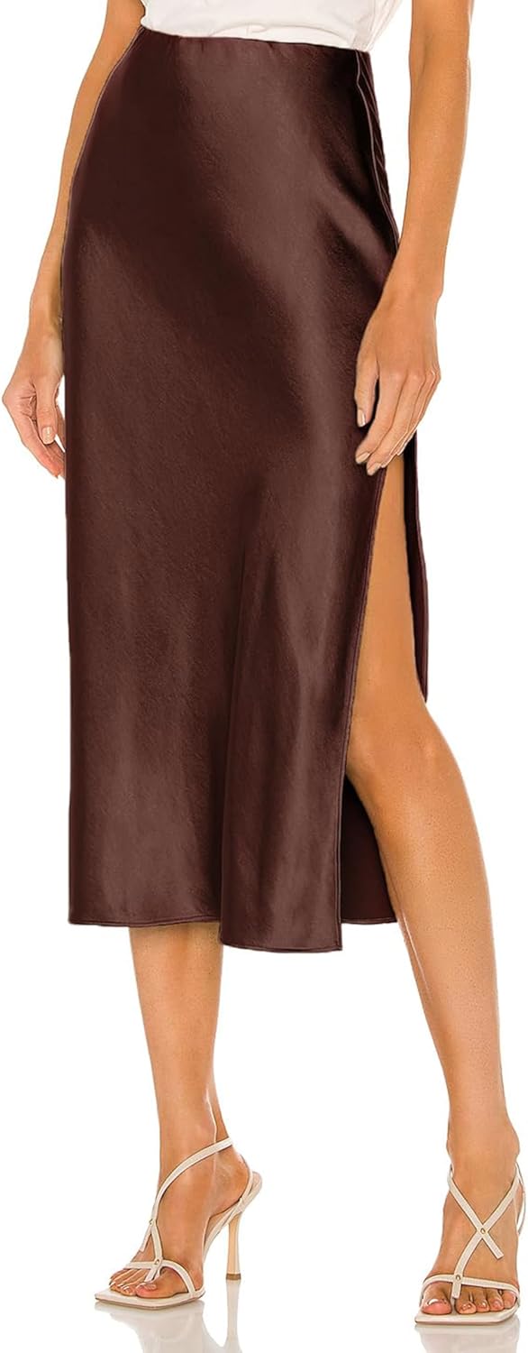 BOMAROLAN Women's Satin Midi Skirt High Waist Solid Silky Skirts for Women Elasticized Waistband A-Line Slit Midi Skirts
