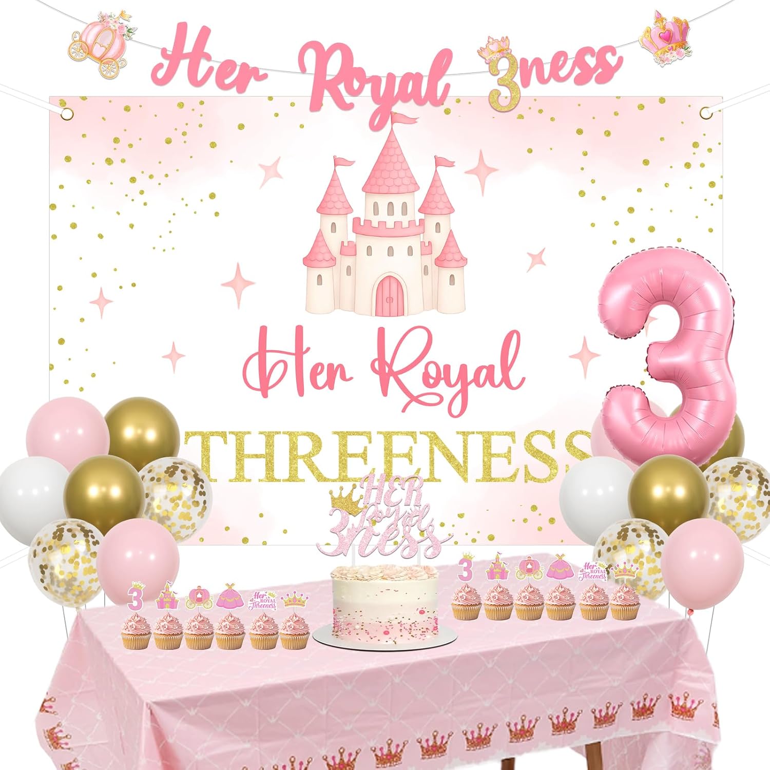 Her Royal Threeness Birthday Party Decoration Girl,Princess Themed 3rd Bday Backdrop Banner Balloons Arch Kit Pink Gold,Cupcake Toppers and 3 Foil Balloon for Princess 3 Years Old Girl Bday