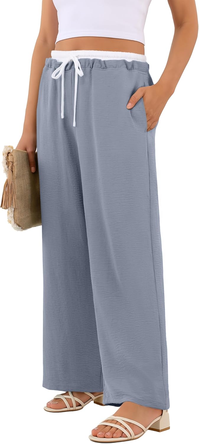 Womens Wide Leg Pants Flowy Hight Waist Adjustable Drawstring Palazzo Trousers Casual Patchwork Pants with Pockets - Image 4