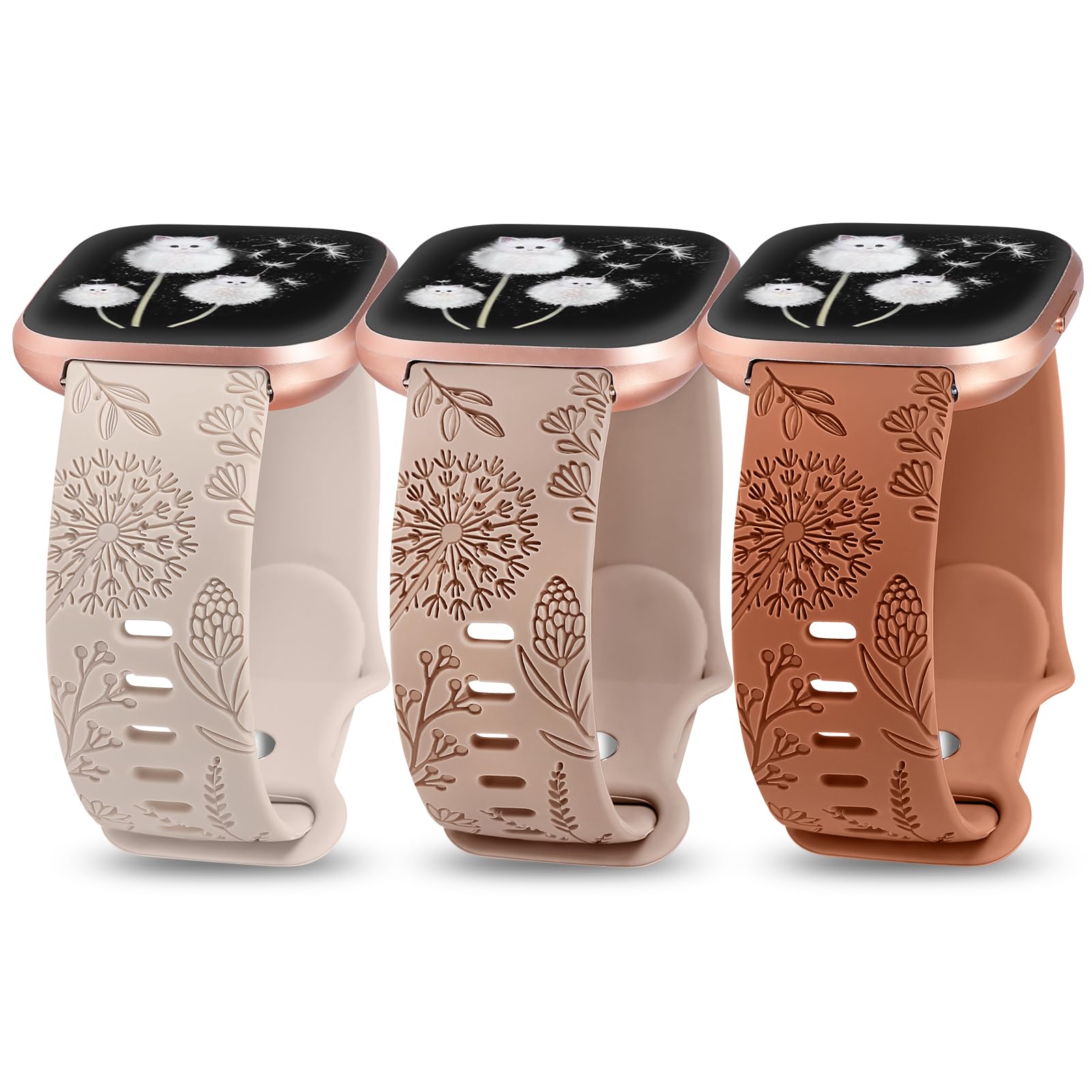 Minyee 3 Packs Floral Engraved Band Compatible with Fitbit Versa 2 Band/Versa Lite/Versa Band Women, Cute Soft Silicone Dandelion Flower Pattern Sport