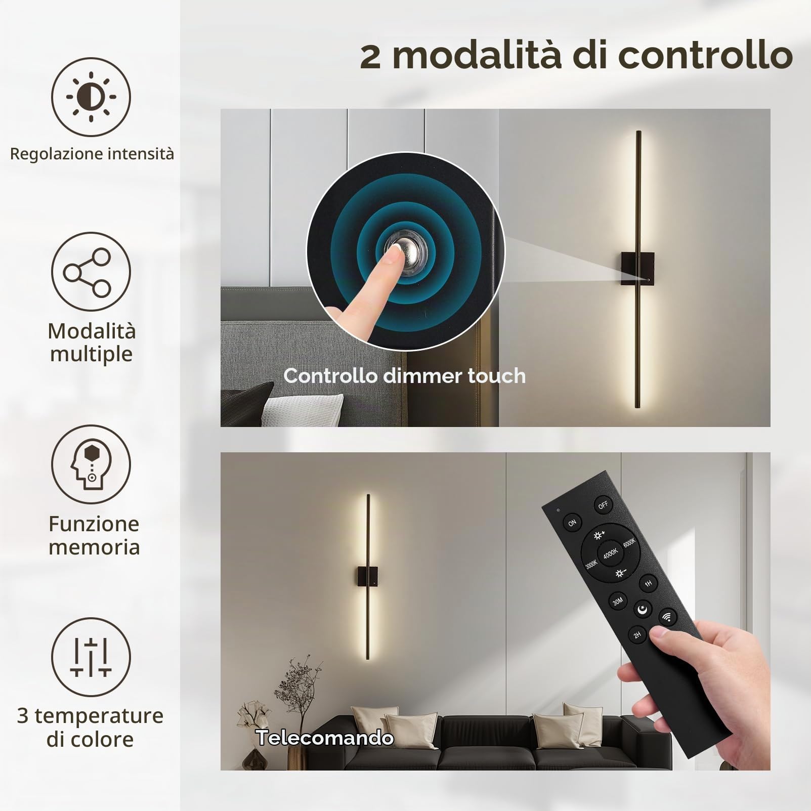 1 Pezzo 100cm Ricaricabile LED Applique da Parete Interno Senza Corrente, Batterie Lampada da Parete Senza Fili Moderno Appliques da Parete Up Down Dimmerabile 3000K-6500K con Telecomando