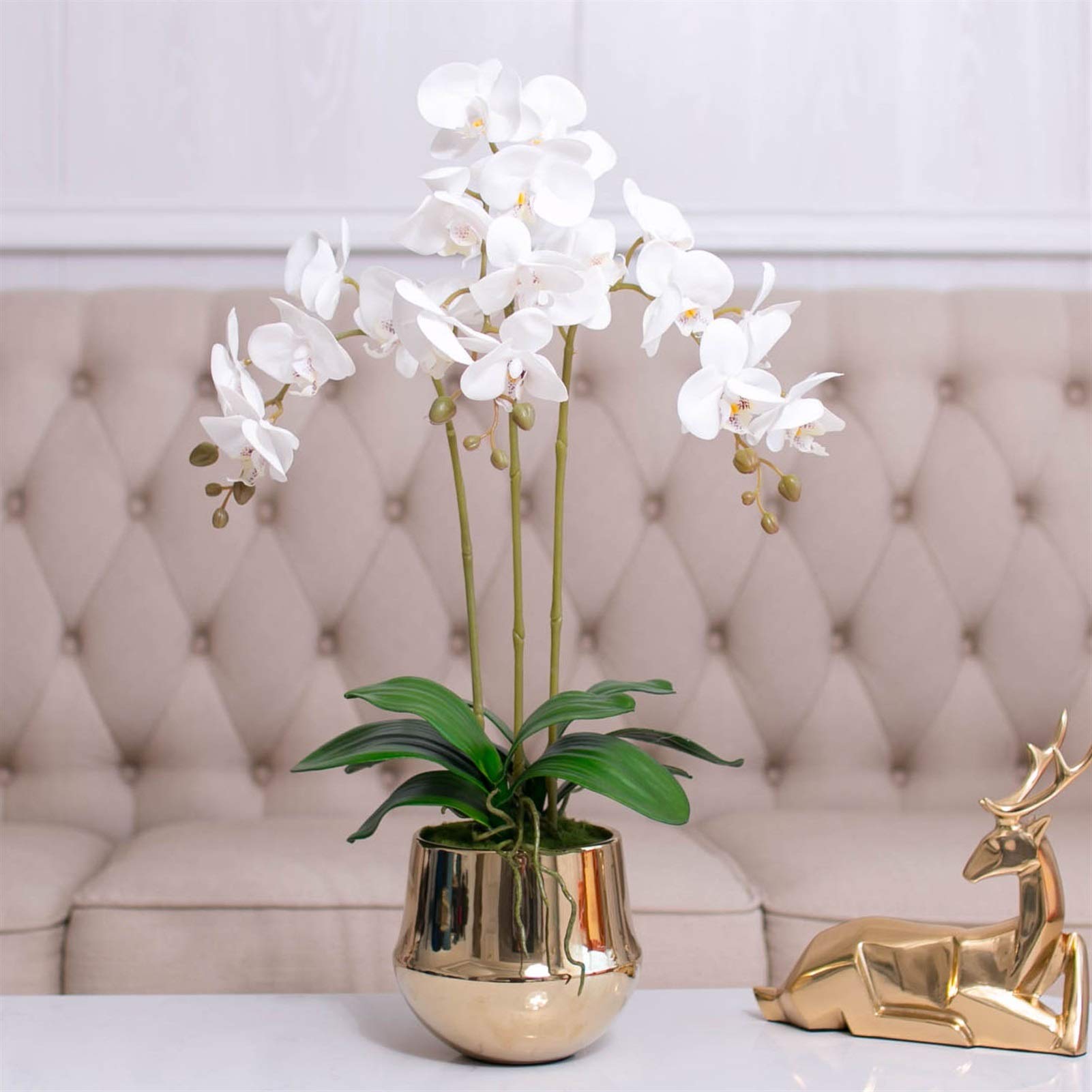 Fiore Artificiale Orchidea Artificiale Fiori di Phalaenopsis con Vaso Dorato Composizione di Fiori di Phalaenopsis in Seta Finta per centrotavola Decorazione per la