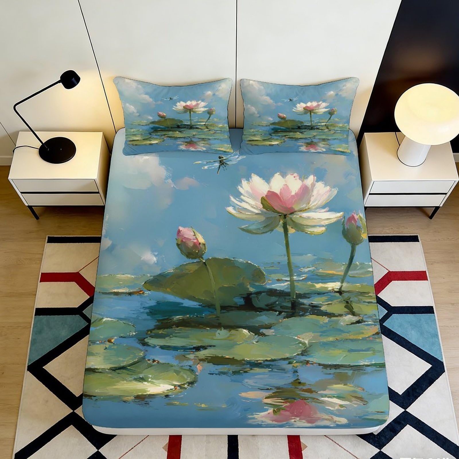 3D Printed Lotus Pond Fitted Sheet Microfiber Soft Washable Water Lily Mattress Cover Bedroom Decor 90x200x25cm