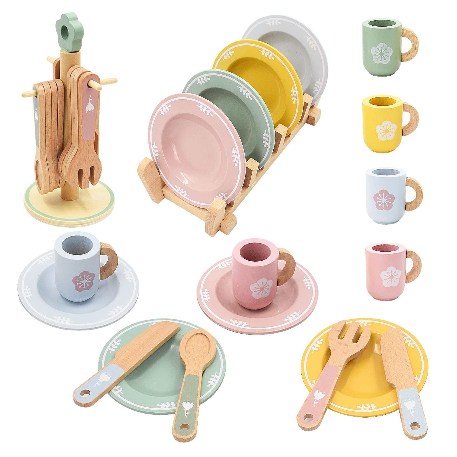 Cocina Juguete de Madera, 22 Piezas Accesorios Cocina Juguetes con Platos y Vajilla Pequeños, Juguetes de Cocina de Madera para Juegos de rol, Regalo para Niñas Niños 3+ Años