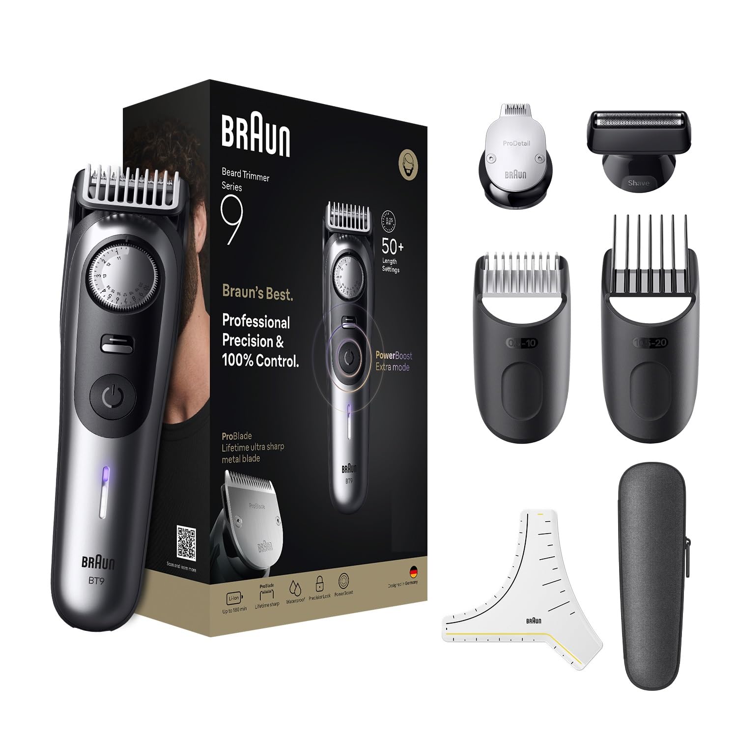 Braun All-in-One Trimmer for Men BT9520, Cordless with 180-Min Runtime, Lifetime Sharp Metal Blades, Waterproof, Precision Comb, 50+ Length Settings, Premium Case, 8-in-1
