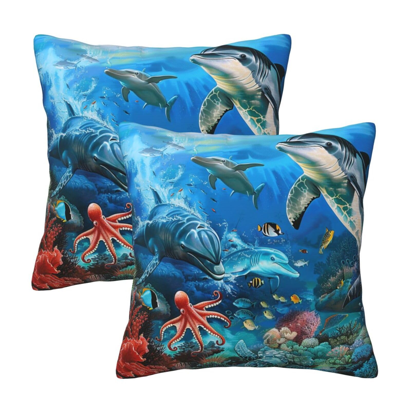 kkvhhyuo Dolphins Sea Turtle Coral Reef Print Pillow Covers Set of 2, Square Decorative Cushion Covers with Hidden Zipper, Throw Pillow Cases for Living Room Sofa Bed Chair, 50x50 cm