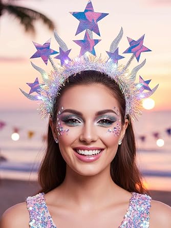 Fstrend Light Up Star Headband for Women, Glow in the Dark Twinkle Stars Hair Accessories for Halloween, Raves, Festivals & Cosmic Events