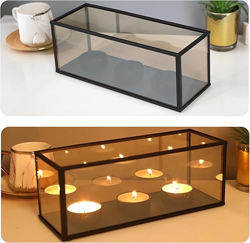 Miniatura 4 de Portavelas con marco de vidrio de metal negro con 3 bases redondas de candelitas, caja larga de cristal para candelitas, caja de centro de mesa, 8.5