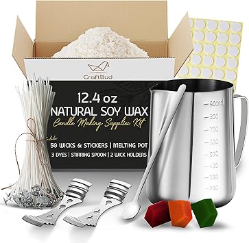 CraftBud Soy Candle Wax for Candle Making Natural Soy Wax for Candle Making 12.4 Oz Bag, Candle Making Wax, 12.4 Oz Soy Wax Flakes, 50 Candle Wicks, 50 Wick Stickers, and 2 Metal Centering Devices