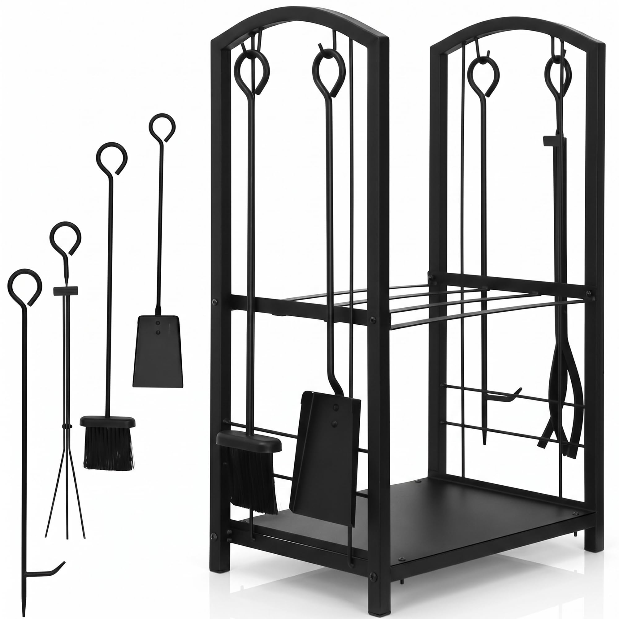 Mucola Kaminholzregal Brennholzregal mit Kaminbesteck 46x31x74 cm Schwarz