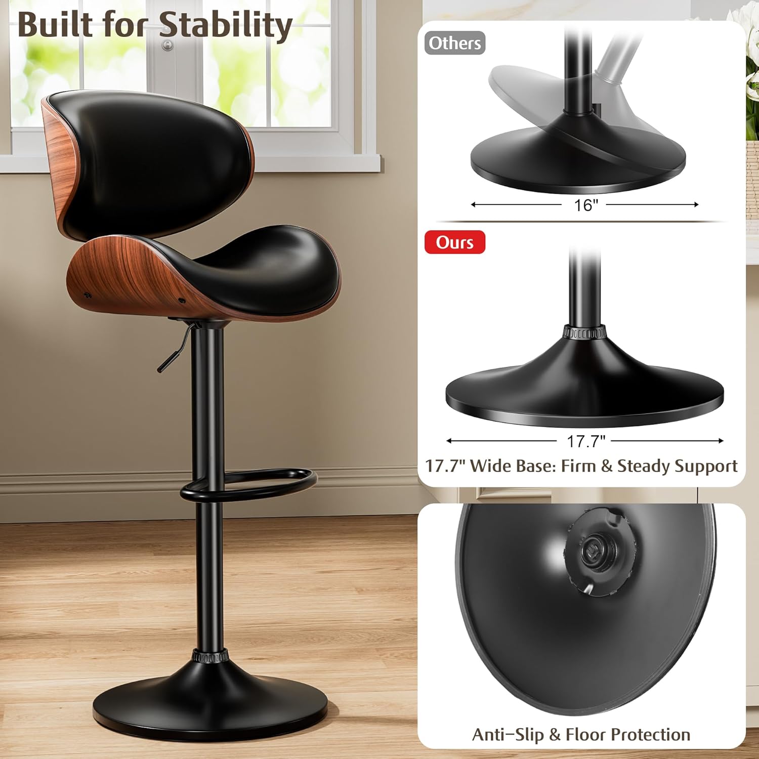 Bar Stools Set of 2, Adjustable Swivel Leather Bar Stools for Kitchen Island, Mid Century Modern Counter Height Bar Chairs Barstools with Back & Footrest (Black) Black Set of 2