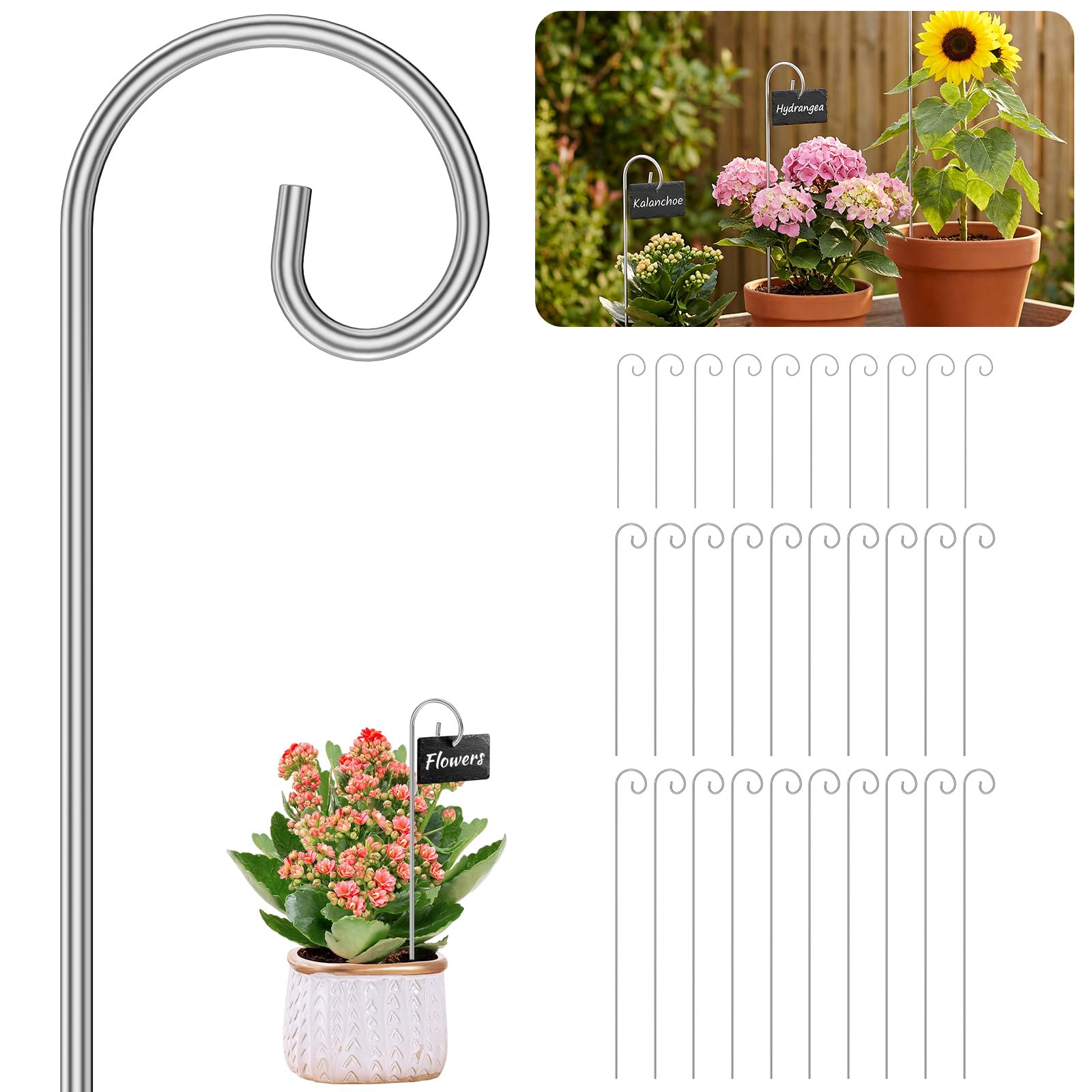30Pcs Silver Plant Label Hooks 20/30/40cm Rustproof Garden Markers Stake Holder Plants Label Hanger Weatherproof Deformed Hooks Plant Accessories for Planters, Seedlings & Decorative Border(30pcs)