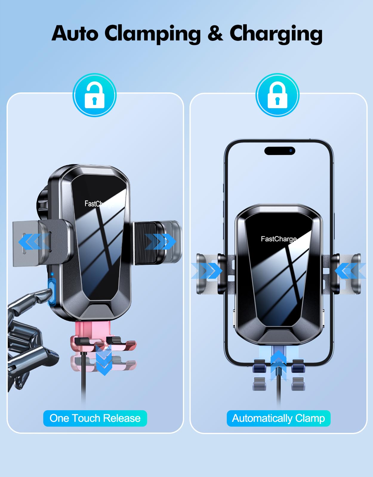 ISEYOU Inductieve telefoonhouder voor in de auto, 15 W [automatische bevestiging] Draadloze inductieve autolader met QC 3.0 snelladeradapter Compatibel met iPhone 16 15 Pro Max, Galaxy S24/S23