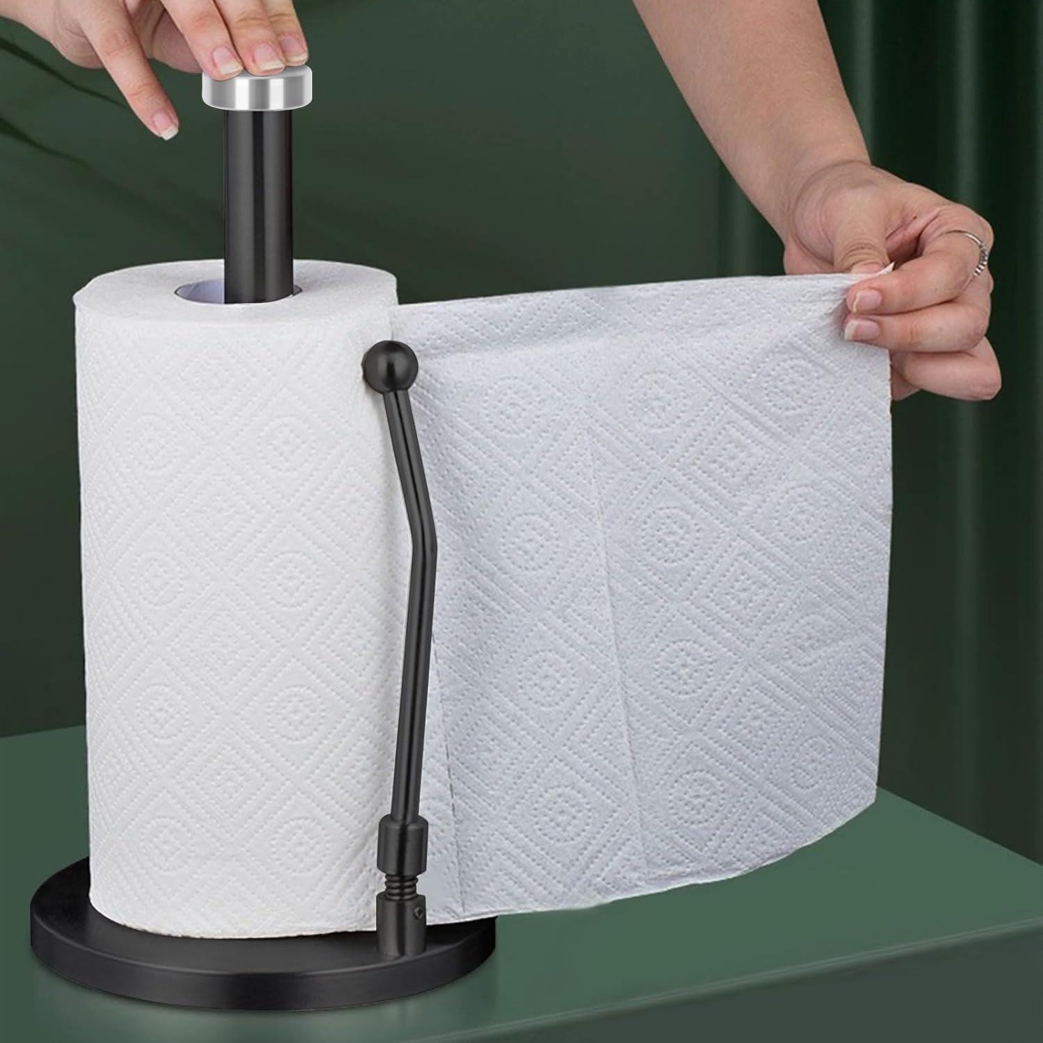 Porta asciugamani di carta nera con braccio a molla, in acciaio al carbonio, base grande diametro 17 cm, con fondo antiscivolo, supporto per dispenser di asciugamani di carta per piano di