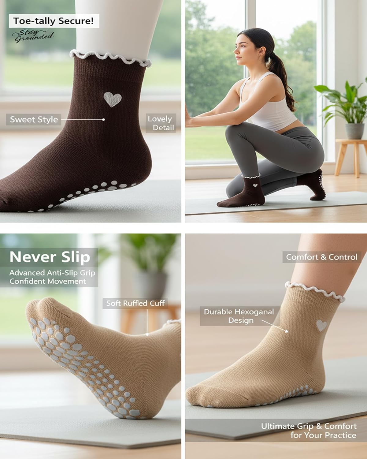 3 Pairs Pilates Socks with Grips Non-slip Ruffle Cute Heart Yoga Grip Sock for Women - Image 3