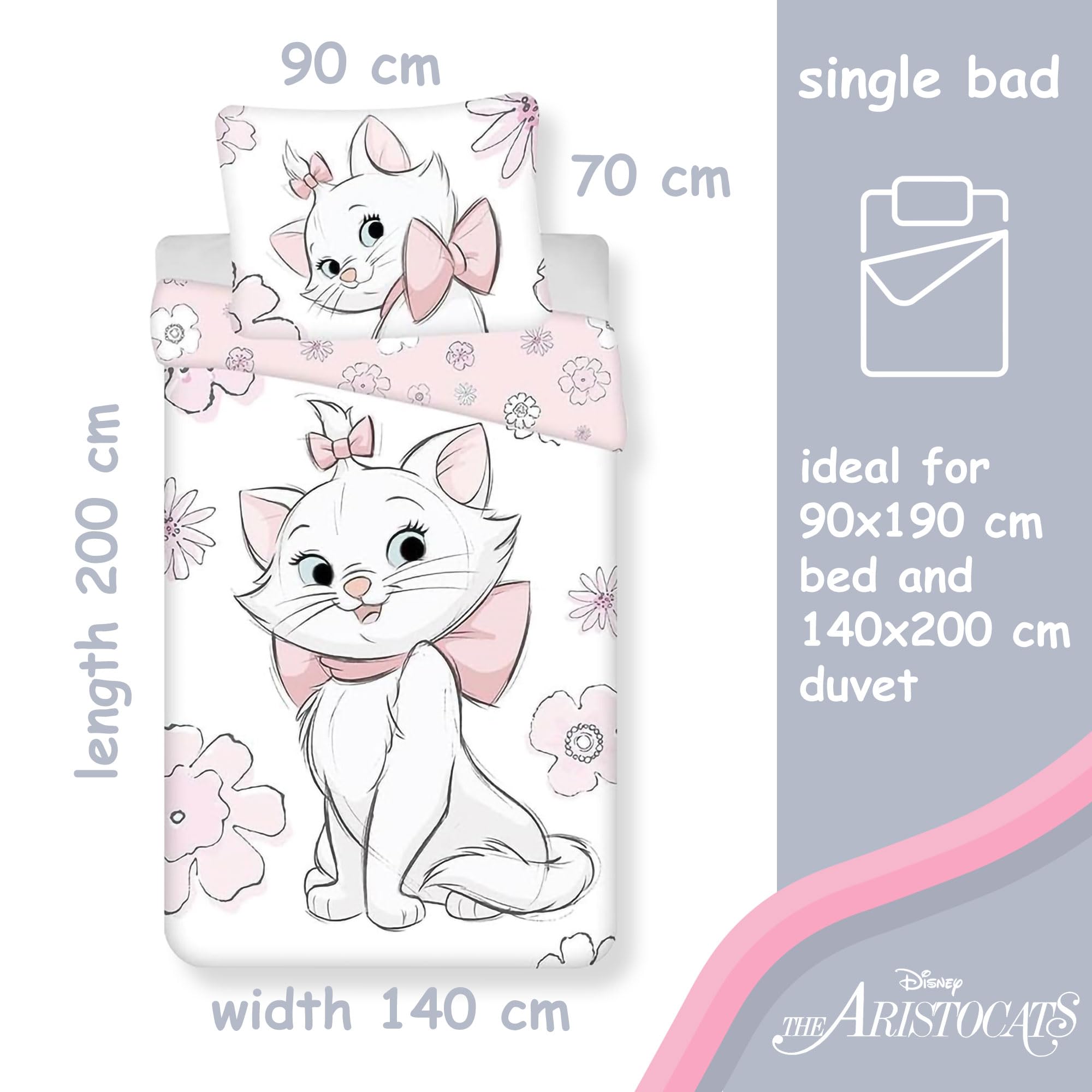 Jerry Fabrics Aristocats Marie Flowers - Juego de funda de edredón y funda de almohada individual, ropa de cama 100% algodón en tamaño europeo, juego de edredón reversible para niños, cómodo y