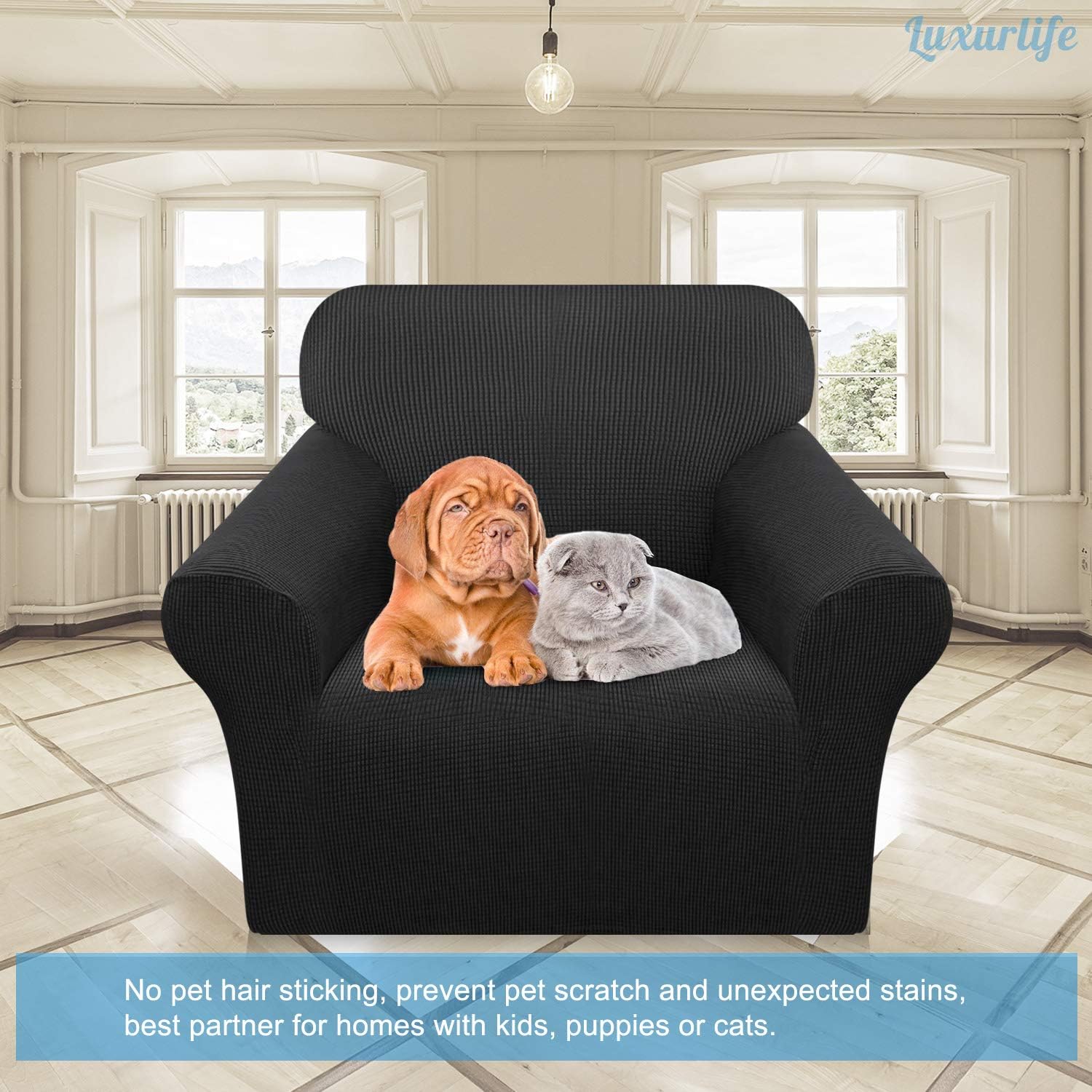Earnmore High Stretch Armchair Covers Super Soft Chair Covers Upgraded Modern Sofa Slipcover for Dogs Pets Furniture Protector With Elastic Bottom (1 Seater,Black) - Image 3