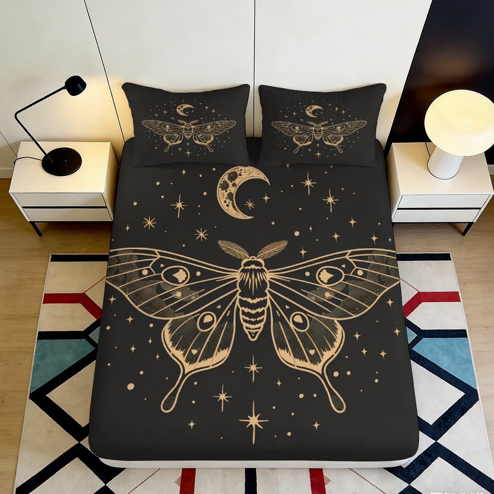 3D Printed Celestial Moth Fitted Sheet Microfiber Soft Breathable Cosmic Stars Mattress Cover for Bedroom Dormitory Guest Room Mattress Protection Decor 160x200x25cm