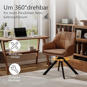 Swivel Dining Room Chairs Faux Leather Brown Set of 2 Armrest Chairs Upholstered Chair Dining Room Chairs Rotatable Kitchen Chair with Armrest and Backrest for Living Room Dining Room