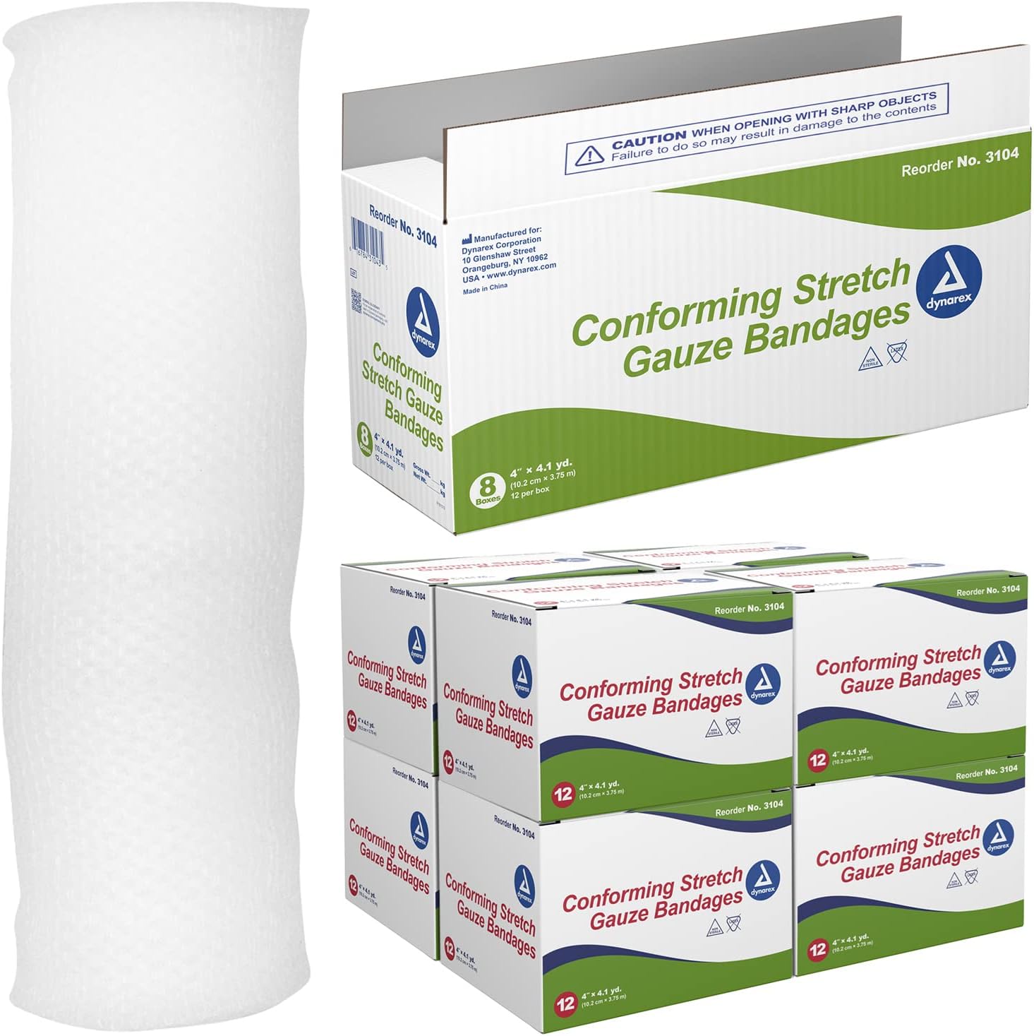 Dynarex Stretch Gauze Bandages, 4" x 4.1 yds, Non-Sterile & Latex-Free, Provides Wound Care in Medical and Home Environments, Individually Rolled, 1 Case - 8 Boxes of 12 Bandages (Packaging May Vary)