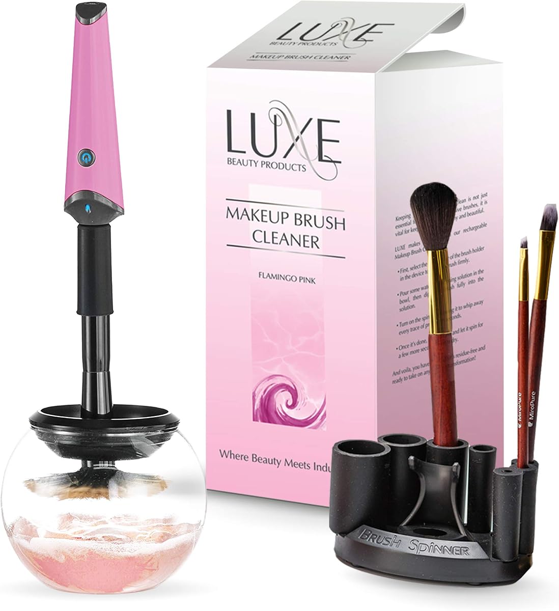 Limpiador eléctrico de brochas de maquillaje, rosa, estación de carga USB, 3 velocidades ajustables, limpiador para lavar y secar instantáneamente tus brochas de maquillaje