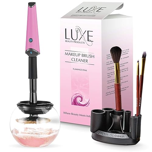 Luxe Limpiador de brochas de maquillaje, limpiador de brochas de maquillaje eléctrico rosa con solución de limpieza incluida, estación de carga USB,