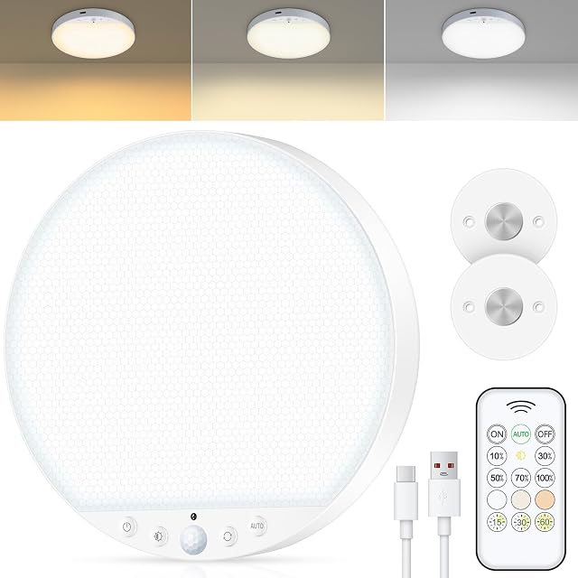 Remboursé 6W Capteur de mouvement lumière de plafond intérieur, Wireless magnétique Stick-On, télécommande pour la couleur & Luminosité, Lumière de batterie pour placard, Douche, Salle de bains, Canteau, Hallway, 1-Pack
