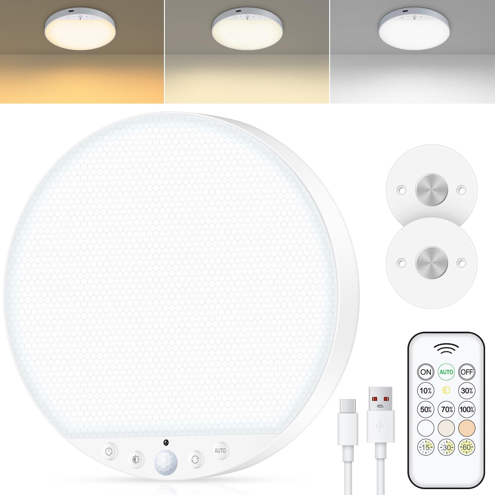 Akku Deckenlampe mit Bewegungsmelder Innen,6W Aufladbare LED Deckenleuchte Badezimmer mit Fernbedienung,Ohne Stromanschluss,Batteriebetriebene Kabellose Lampe für Schrank,Bad,Garage und Flur,1 Stück