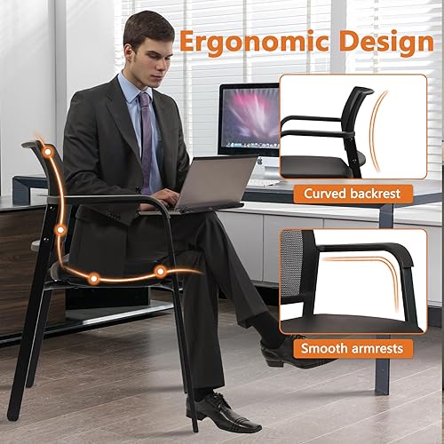 Miniatura 5 de CLATINA Silla de oficina apilable, sillas de invitados con respaldo de malla con cómodos brazos de asiento de cuero, silla de escritorio ergonómica