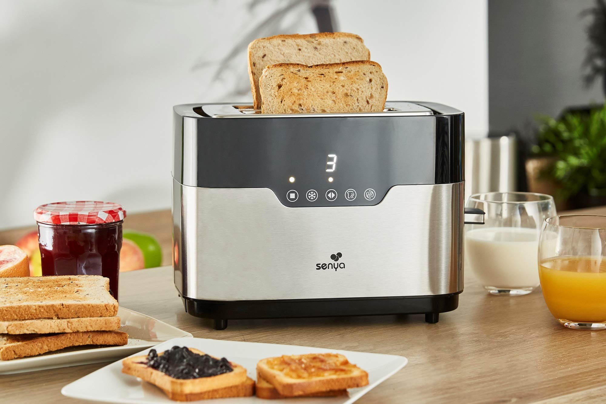 Senya Tostadora de Acero Inoxidable Smart Toaster, 2 Ranuras Grandes, Botones Táctiles, Pantalla Led, Cuerpo de Acero Inoxidable de 850 W