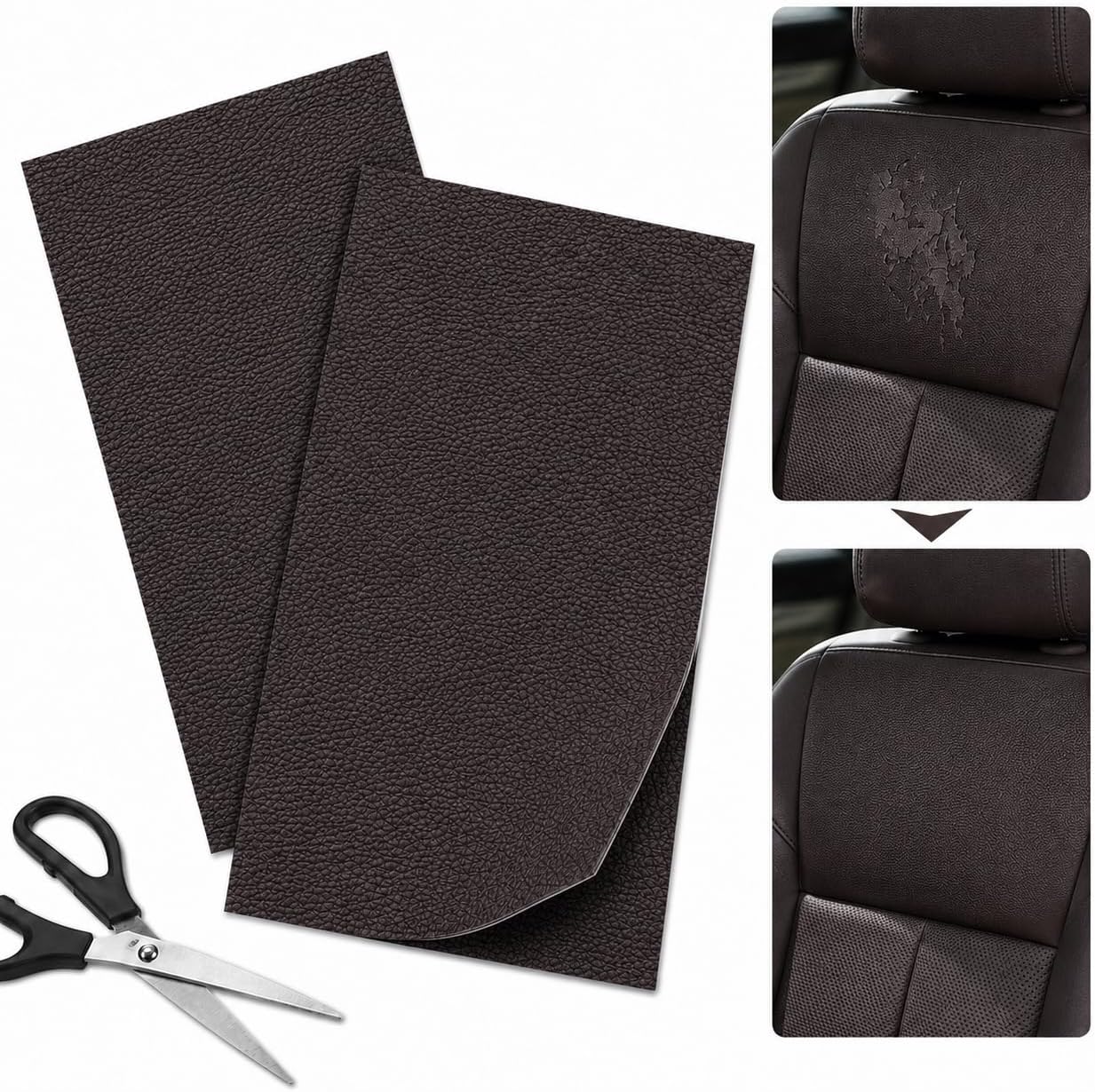 2PCS 8×4 Inch PU Leather Patch for Car Seat Repair, Self-Adhesive Leather Repair Patch Tape for Vinyl Leather Upholstery, Car Seat Furniture Repair Kit (Khaki)