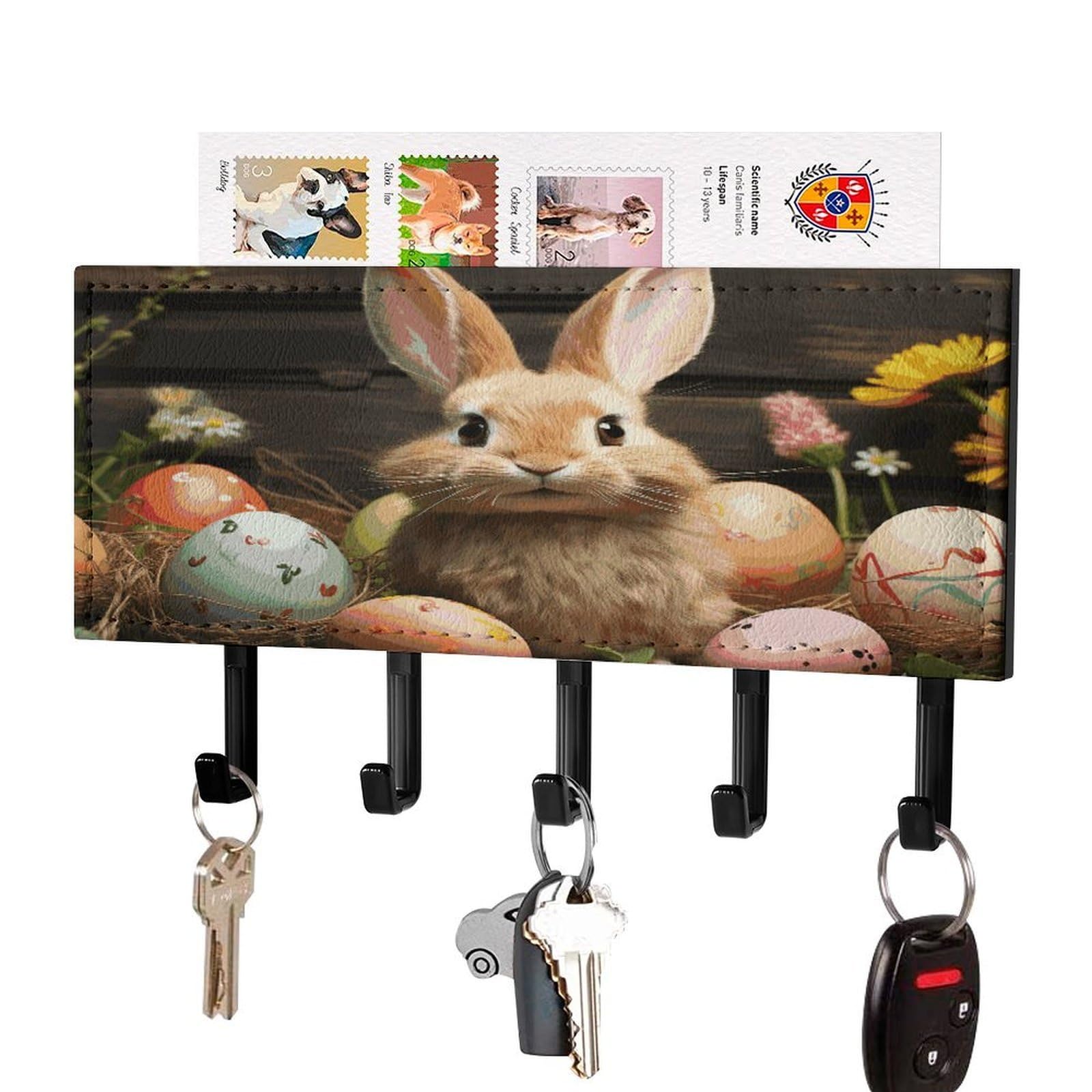 FekiLoot Easter Egg Bunny Key Holder Wall Mount Key and Mail Holder Key Hanger with 5 Hooks Decorative PU Key Rack Hanging Key Hooks for Wall Living Room Kitchen Bathroom Hallway Black-Style