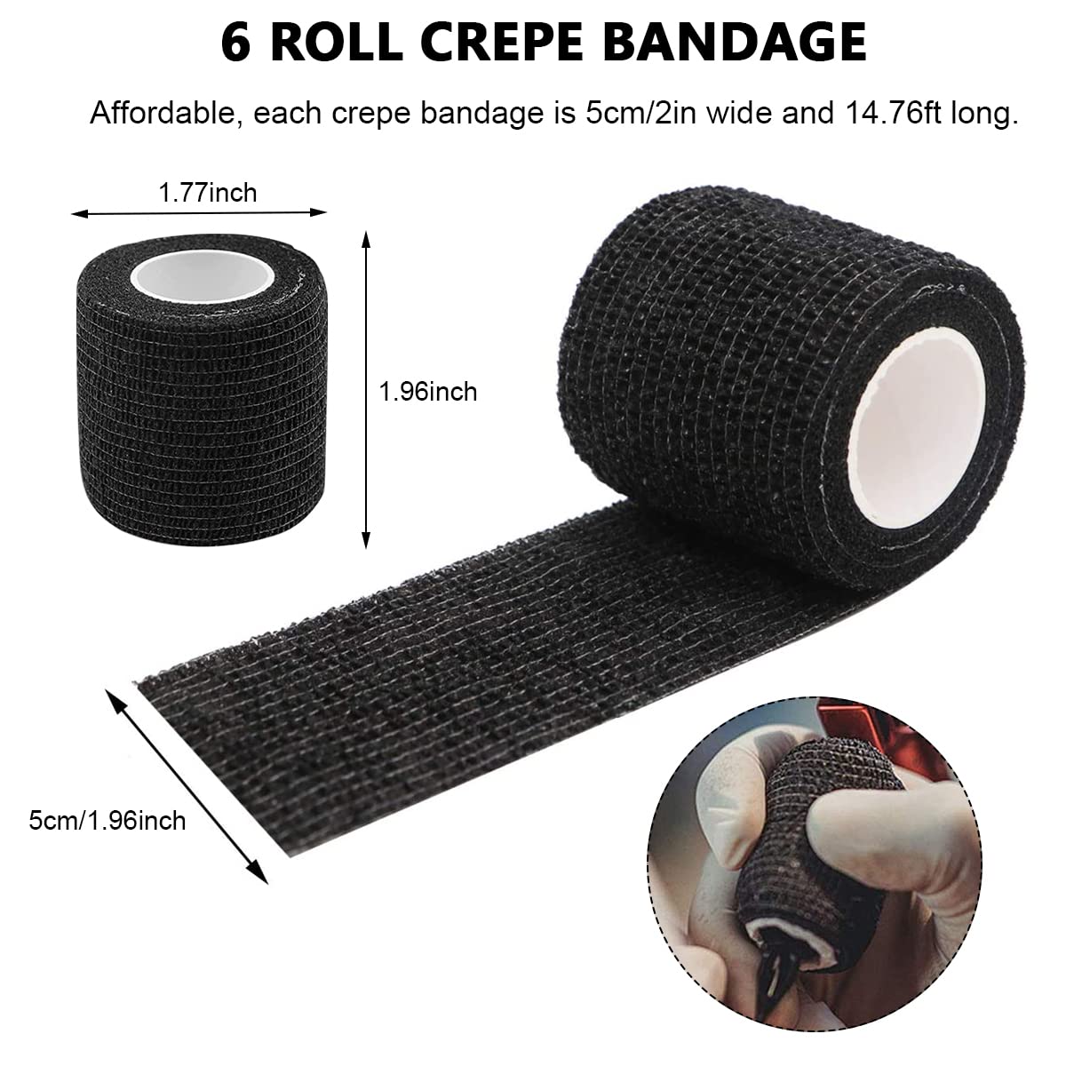 Qpets® 6 Rolls Crepe Bandage Self Adhesive Crepe Bandage Elastic Strethy Crepe Bandage for Tattoo Grip Cover Bandage Roll Wound Cohesive Tape Wrap Crepe Bandage Bandages for Wounds(5cm*450cm/roll) - Image 2 thumbnail