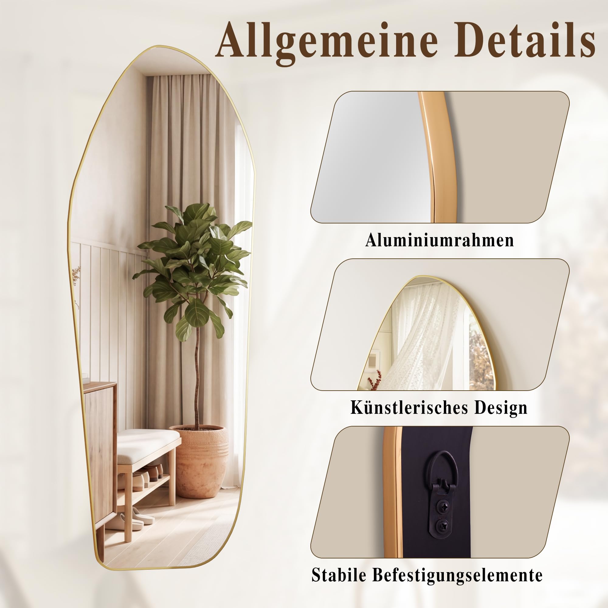 Koonmi Ganzkörperspiegel - 193x86 cm Bodenspiegel unregelmäßige Diamantform Aluminiumrahmen, stehender oder hängender Spiegel für Schlafzimmer, Wohnzimmer, Eingang, Gold
