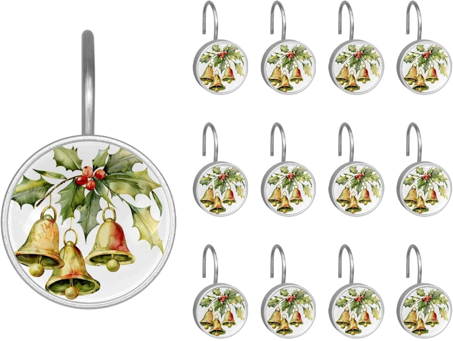 12PCS Christmas Bells 4 Shower Curtain Hooks Rings for Bathroom, Decorative Shower Curtain Hooks Rods Curtains and Liner