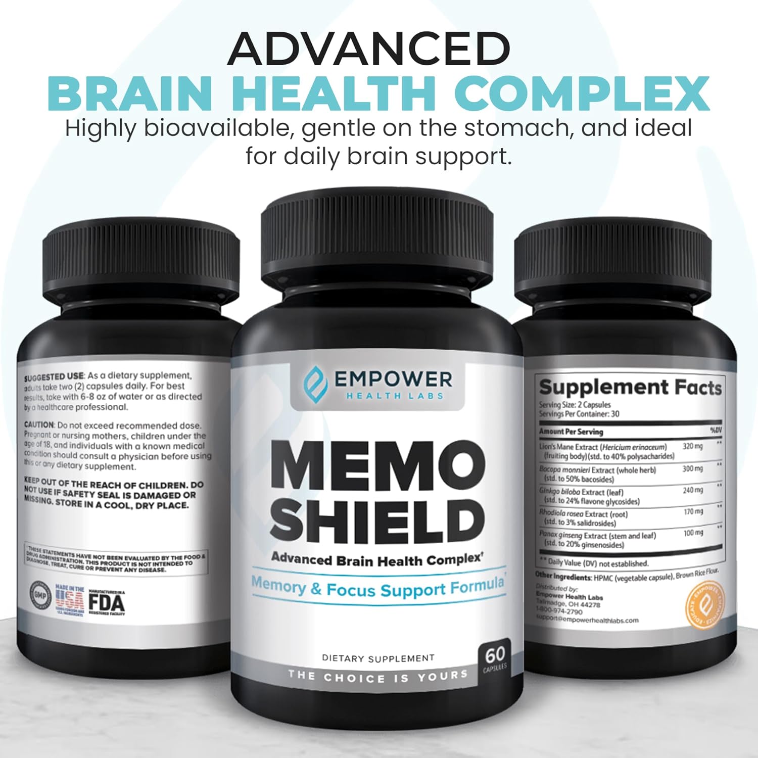 MemoShield Brain Health Supplement – Advanced Memory Support with Lion's Mane, Bacopa Monnieri, and Ginkgo Biloba – Cognitive Function and Brain Health Formula – 60 Capsules
