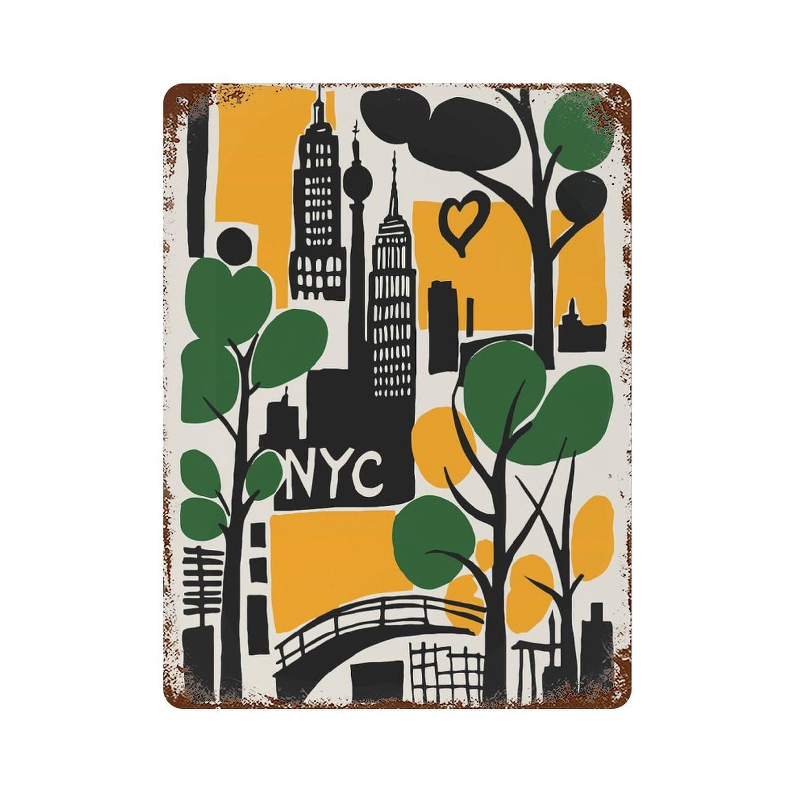 NYC Cityscape Illustration Distressed Metal Wall Sign 15.7"x11.8", for Garage, Bar And Workshop Decor, Decorative Metal Wall Art