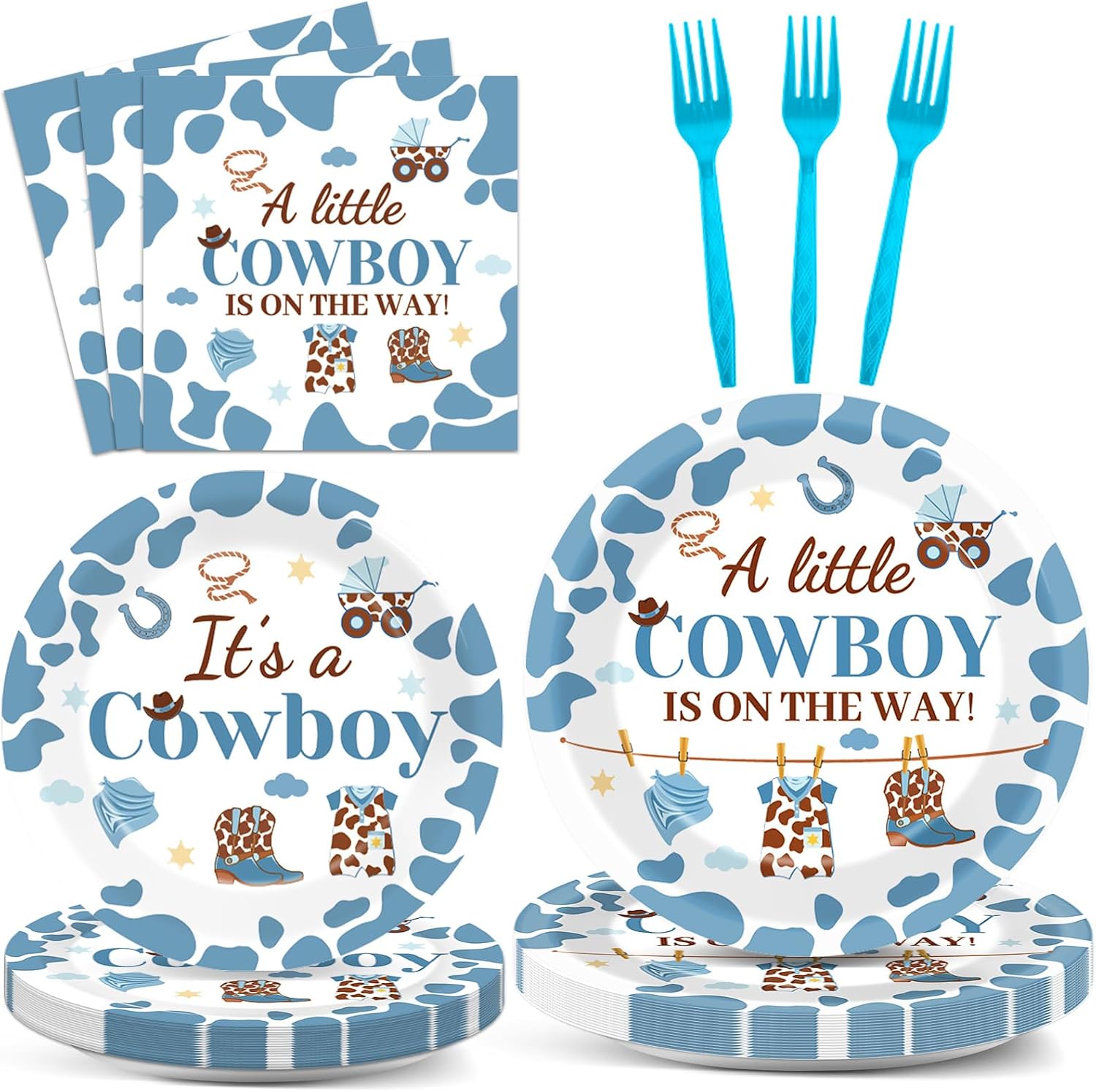 OBUSATT 96 Pcs Western Cowboy Baby Shower Paper Plates and Napkins Party Supplies Western Birthday Tableware Set A Little Cowboy is on the Way Party Decorations Favors for Boys Baby Shower Serves 24