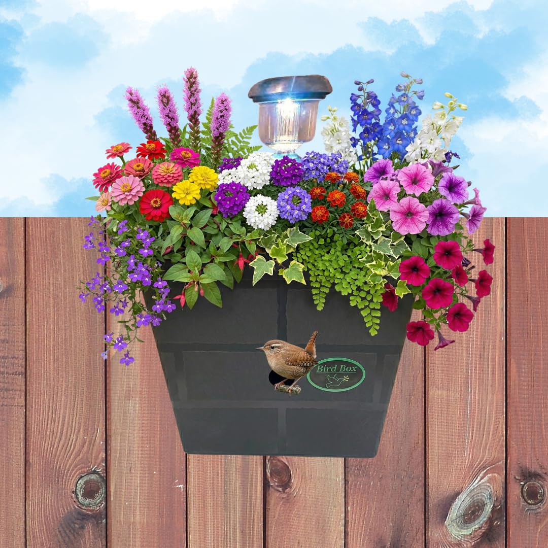 3-in-1 Hanging Fence Planter with Solar Light & Bird Nesting House – 5* Garden Décor with Nesting Box, Durable Fence Outdoor Planter for Plants & Wild Birds (Silver/Slate Grey) (Slate Grey)