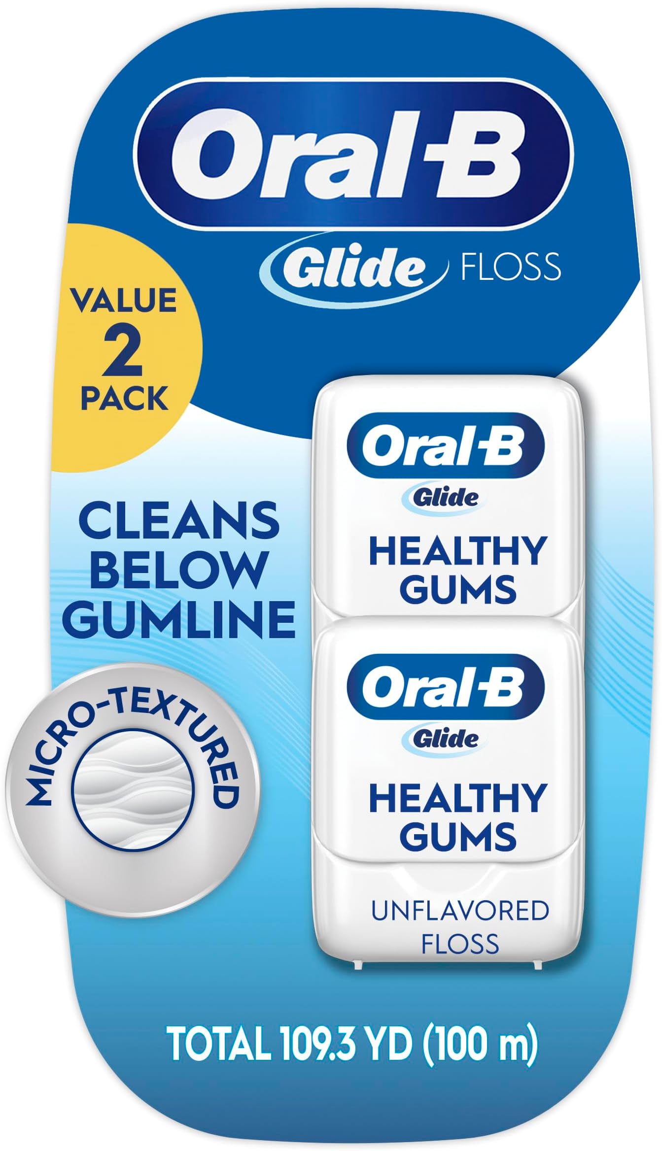 Oral-B Glide Healthy Gums Unflavored Dental Floss, Smooth, Strong, Shred Resistant, Value 2 Pack (50m Each)