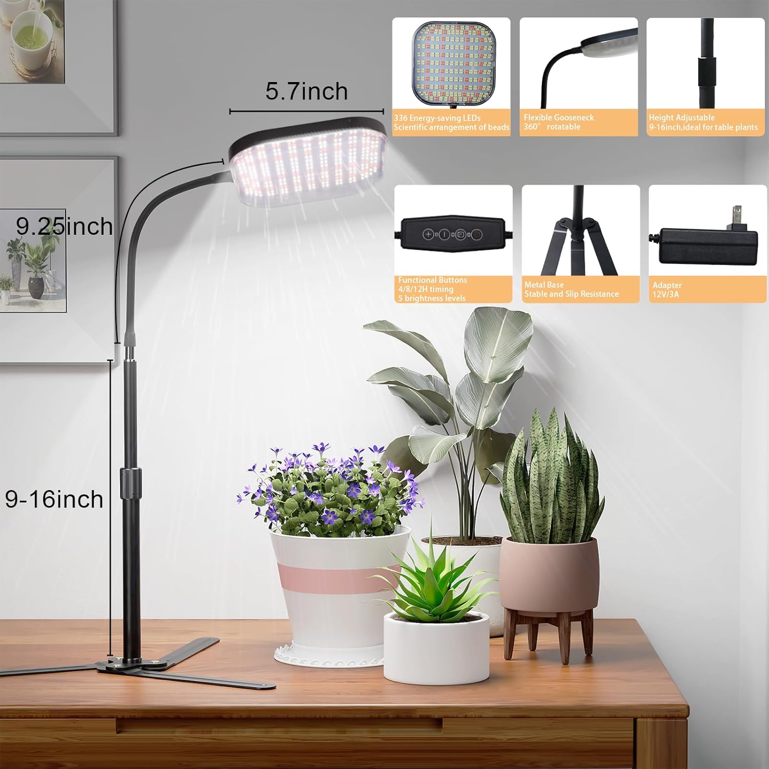 Super-Bright Grow Light 100W 336LEDs, 6000K White Full Spectrum Plant Growing Lamp for Home Office Indoor Plants,Adjustable Height & Auto Timer 4 8 12Hrs, 12V 3A High Power Output for Faster Growth