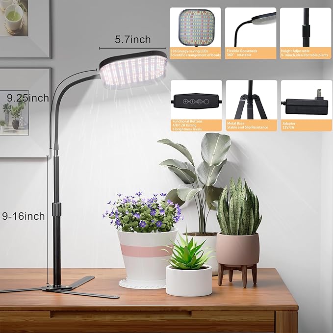 GooingTop Super-Bright Grow Light 100W 336LEDs, 6000K White Full Spectrum Plant Growing Lamp for Home Office Indoor Plants,Adjustable Height & Auto Timer 4 8 12Hrs, 12V 3A High Power Output for Faster Growth photo 2