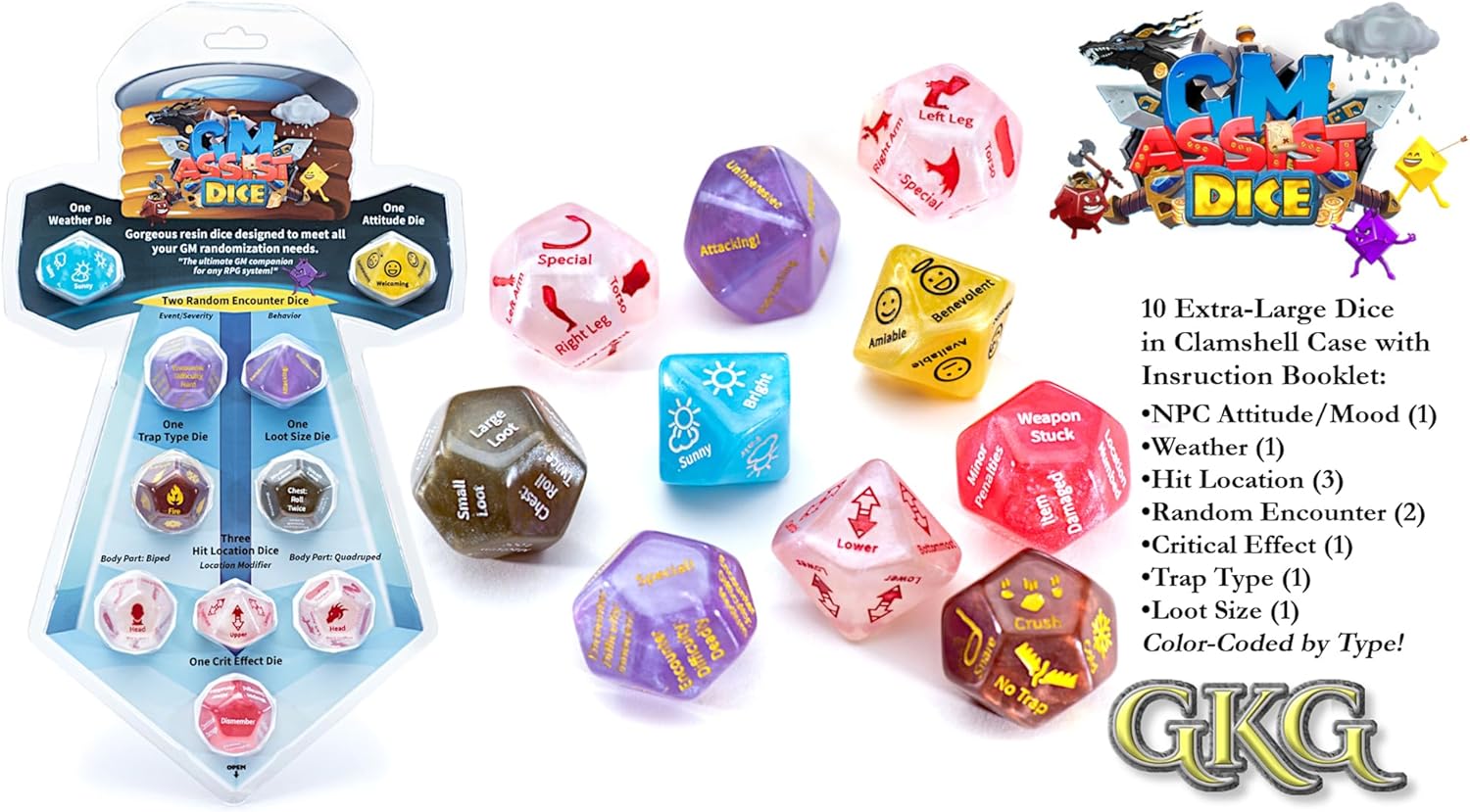 Gate Keeper Games and Dice: GM Assist Dice - 10 Unique Specialty Dice, Game Master Randomization Dice, 10 Resin Dice for Role Playing Games