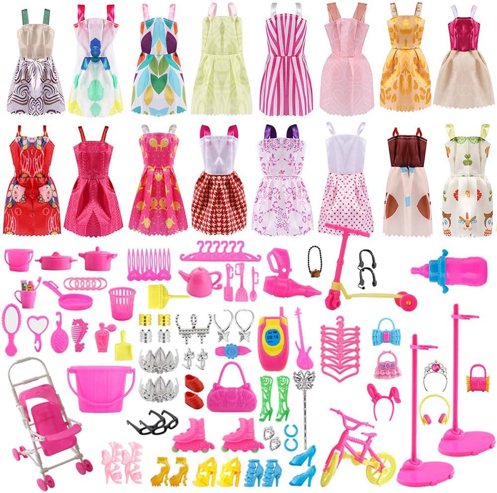 ASANMU Accessories for Dolls, Doll Clothes Set for Dolls Clothes Party Dresses Skirts Dolls Shoes Tableware Outfits for Girls Dolls Accessories for Girls Christmas Birthday Party Gifts (130 Pieces)