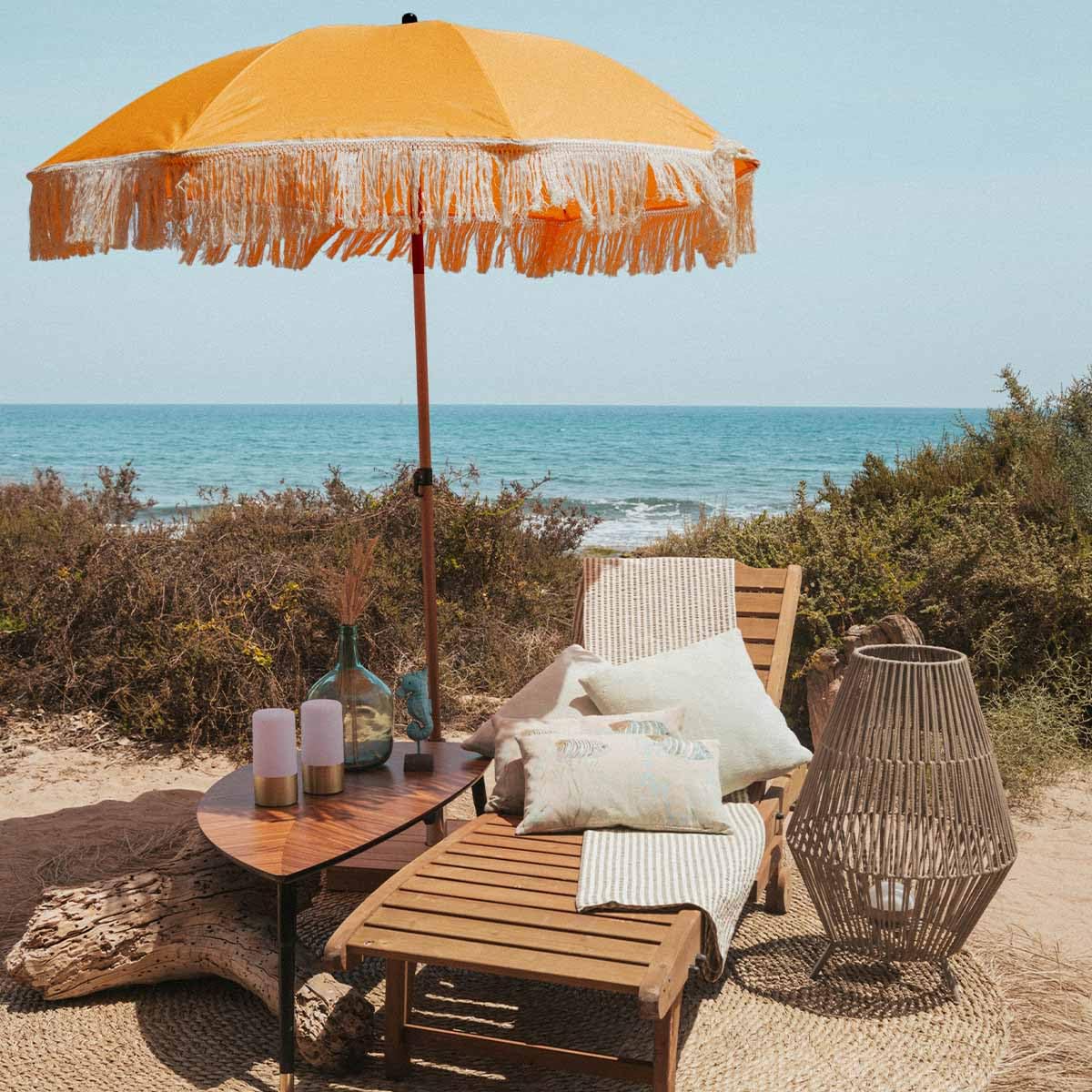newgarden - Parasol en tissu et franges pour extérieur, plage, jardin, Ø 220 cm, pliable, structure en acier inoxydable, hauteur réglable pour la terrasse et le balcon, grand