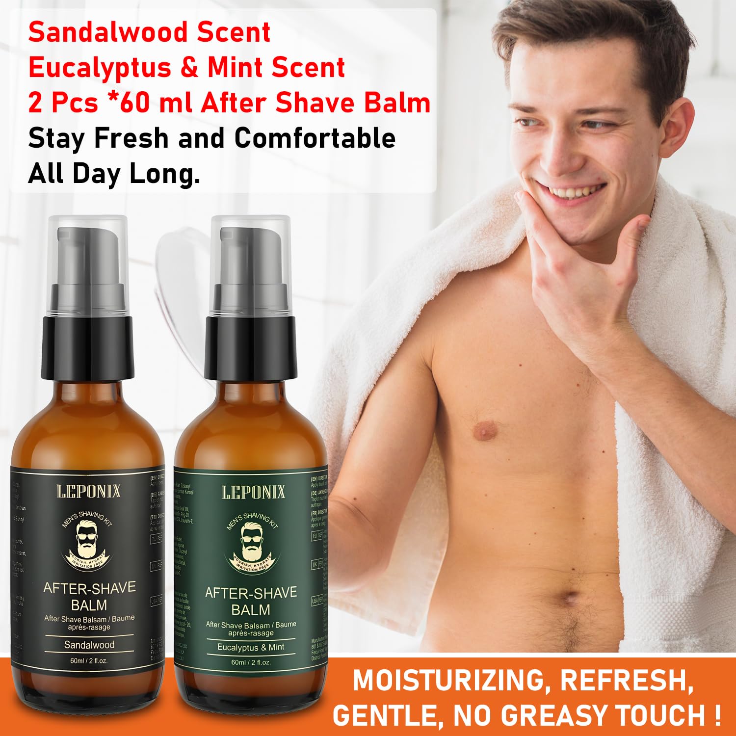 Bálsamo para después del afeitado para hombres, loción para después del afeitado para el cuidado de la piel de hombres con eucalipto y menta/sándalo, refrescante, hidratante y alivio de golpes de 2