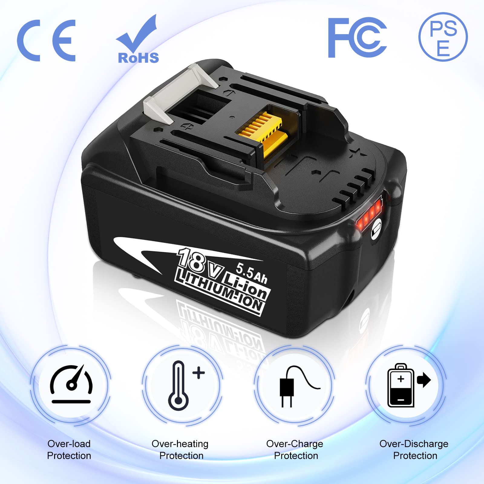 Maki-TA 18V accu 5,5 Ah reserveaccu voor BL1860B, BL1860, BL1830B, BL1840, BL1850, BL1850B, BL1815, 18 V, 5500 mAh, 2 stuks